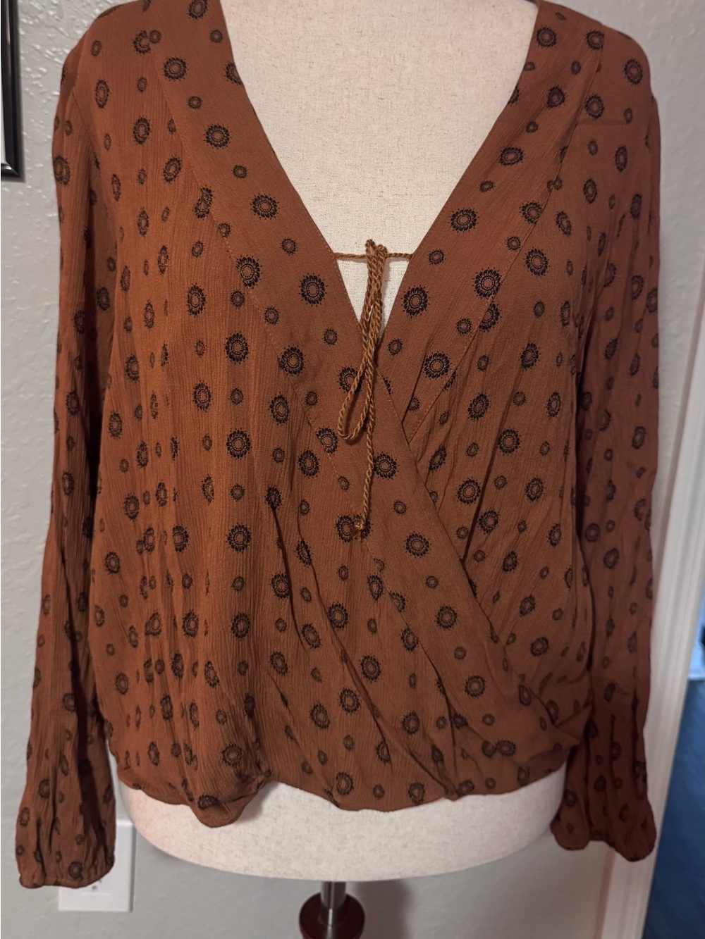 Boho Brown Printed Wrap Blouse with Tie